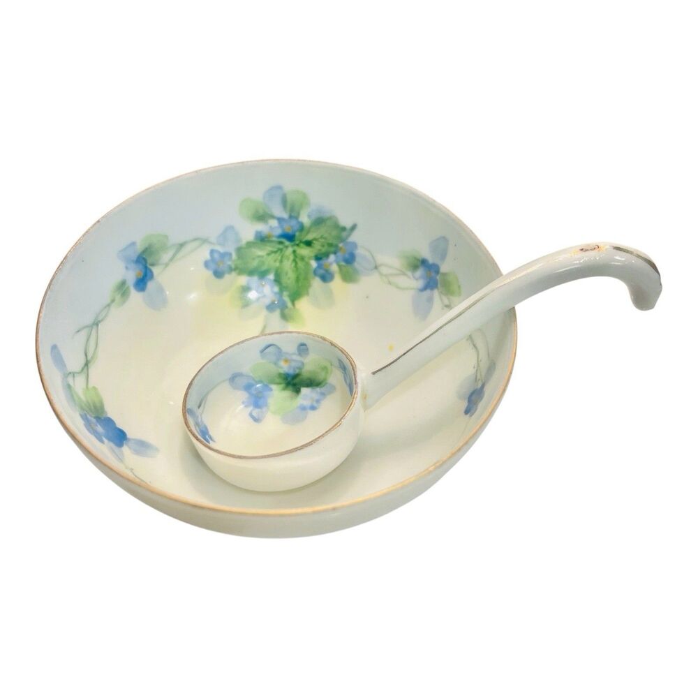 Vintage Nippon Hand Painted Porcelain Mayonnaise Bowl & Ladle Blue Floral 4.5”
